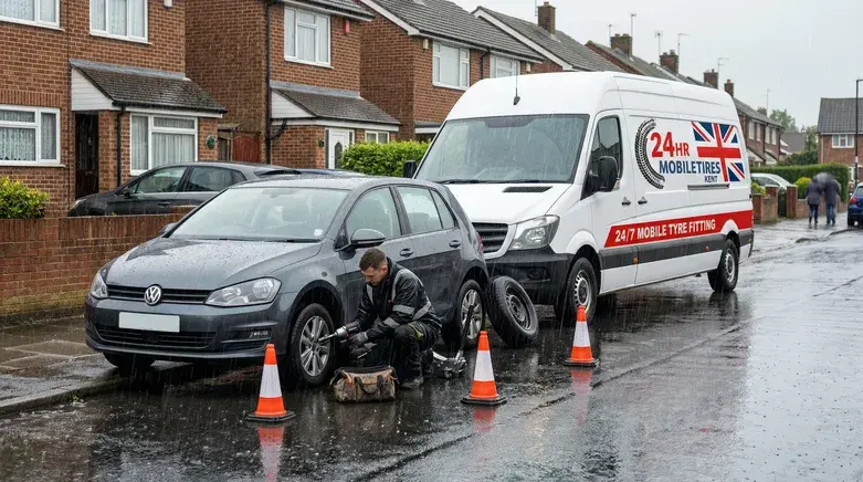 Mobile tyre fitting Dartford technician replacing flat car tyre on rainy residential street with 24hr mobile tyre fitting van