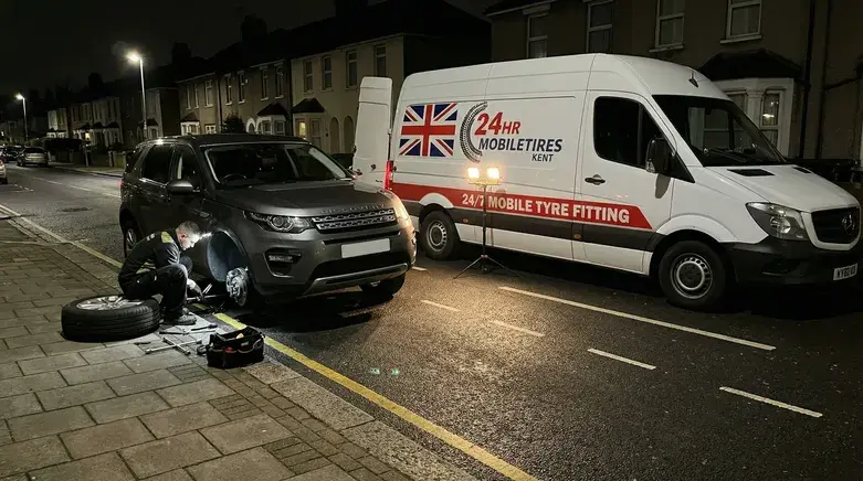 Mobile Tyre Change 35 Emergency mobile tyre change service in Kent replacing car tyre at night with 24hr mobile tyre fitting van