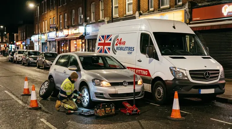 Mobile Tyre Fitting Canterbury 38 Mobile tyre fitting Canterbury technician replacing car tyre at night with 24hr mobile tyre fitting van
