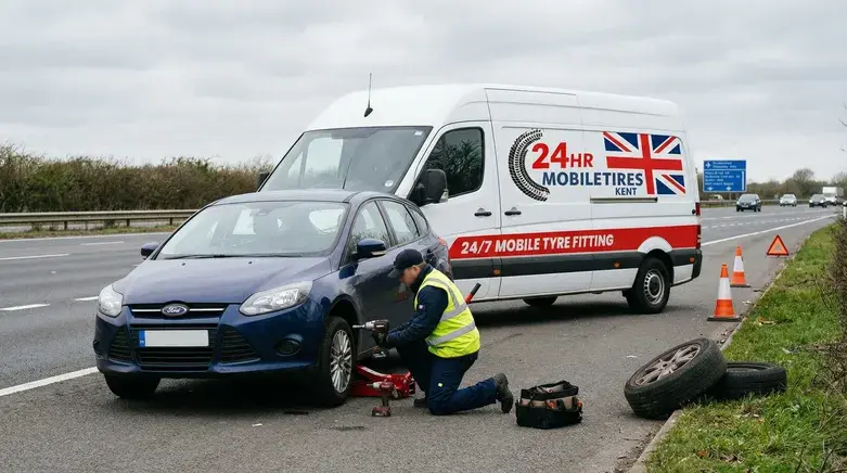 Mobile tyre fitting Kent technician replacing car tyre on roadside with 24/7 mobile tyre fitting van