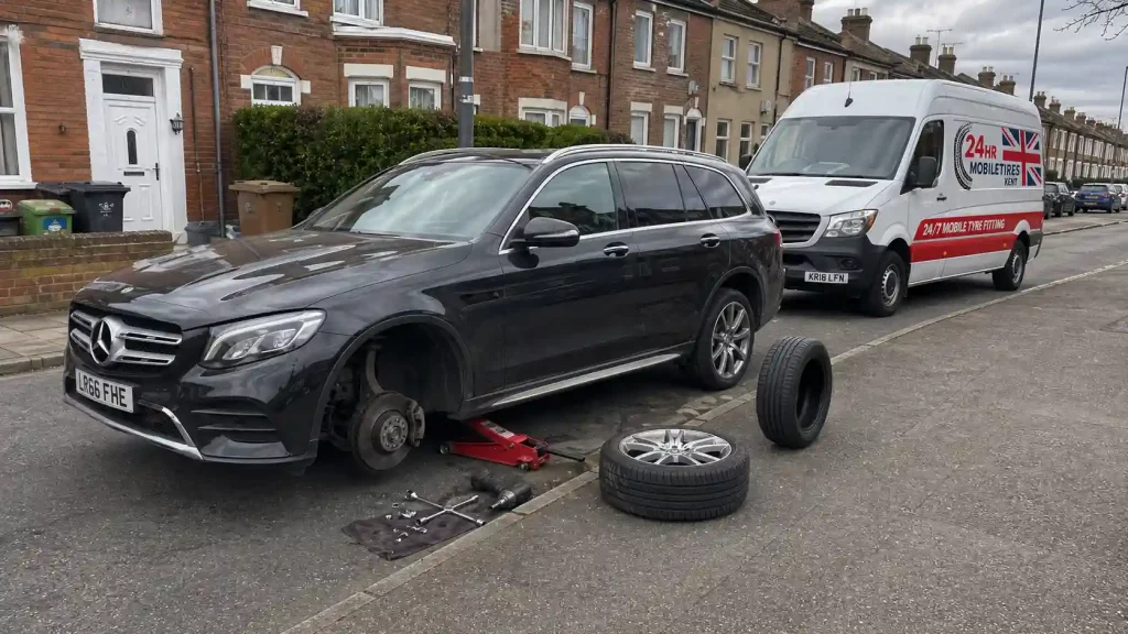 Mobile tyre fitting service in Gravesend Kent with car lifted and roadside tyre replacement in progress