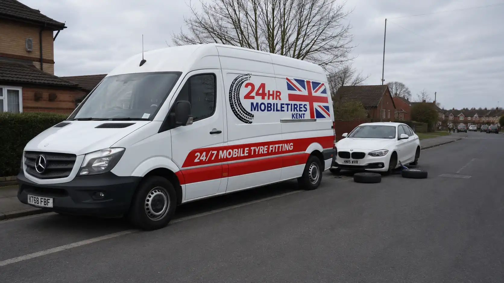 24hr Mobile Tires Kent van providing mobile tyre fitting in Chatham, Kent, with roadside tyre replacement service for a BMW car.