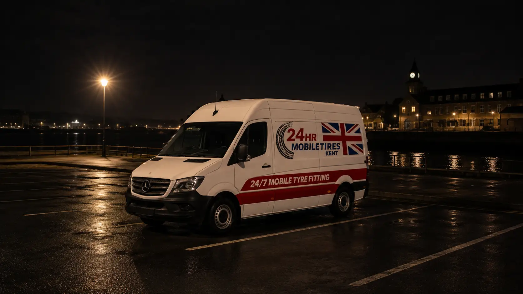24HR Mobile Tires Kent van parked safely in Ramsgate at night providing emergency mobile tyre fitting and roadside tyre replacement service.