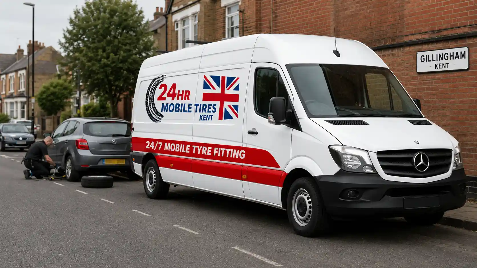 24hr Mobile Tires Kent van providing mobile tyre fitting in Gillingham, Kent, with a technician carrying out roadside tyre repair on a customer car.